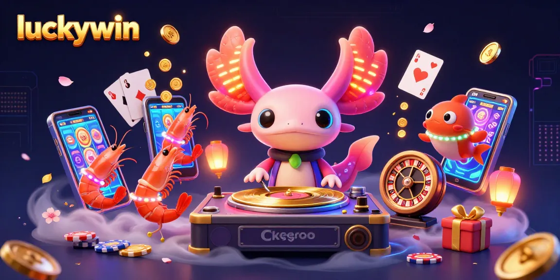 Experience luckywin's vibrant casino world with energetic axolotl DJ and gambling fun.