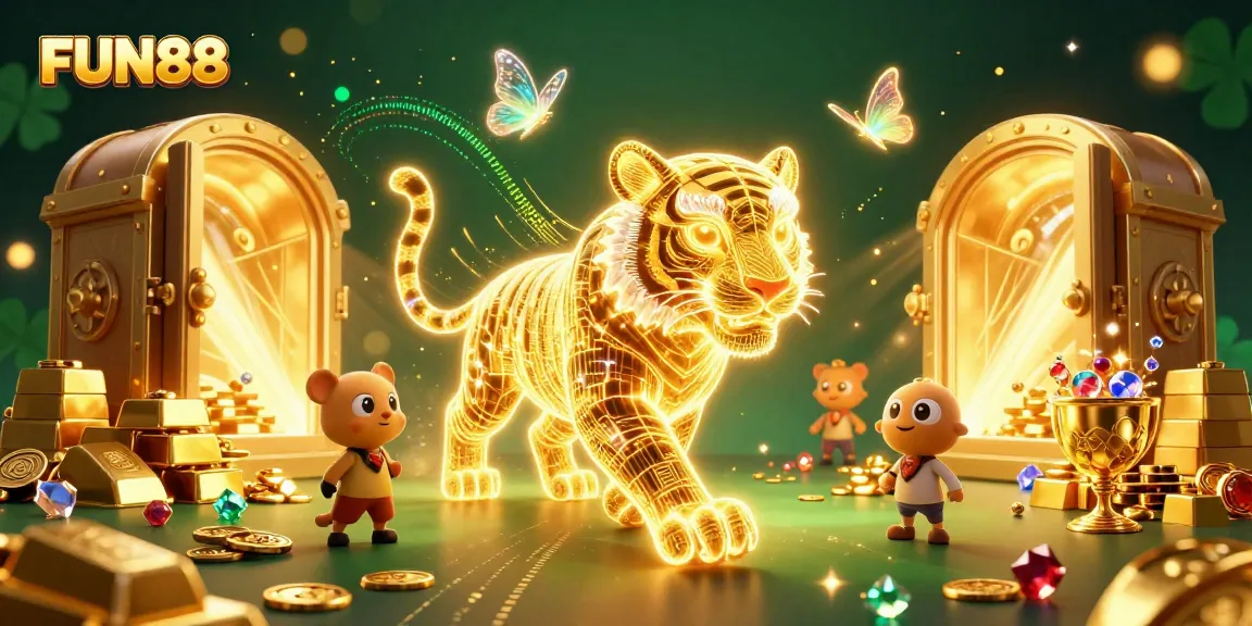 Experience FUN88 in a vibrant 3D casino scene with neon-tiger and treasure elements.