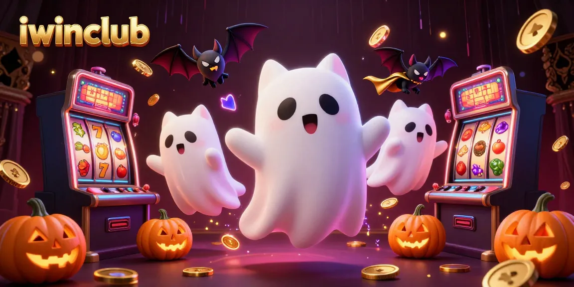 Join the fun at iwinclub with lively ghost cat and bat in a vibrant casino scene.