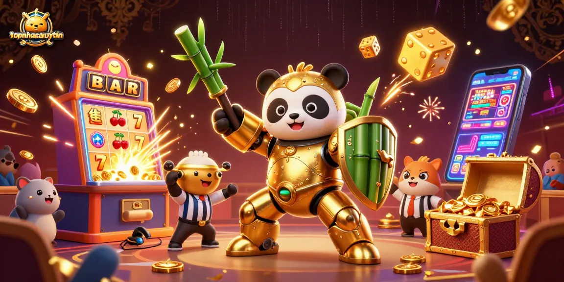 Experience topnhacaiuytin's thrilling casino adventure with a golden panda in a vibrant 3D scene.