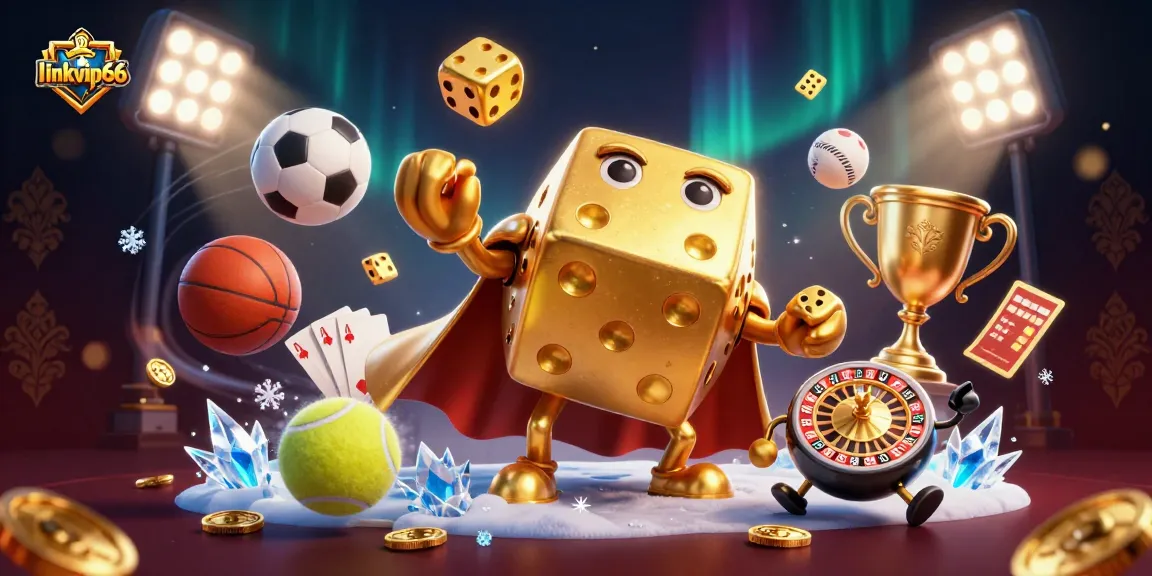 Experience the excitement at linkvip66 with a vibrant scene showcasing golden dice, sports elements, and dynamic gambling action.