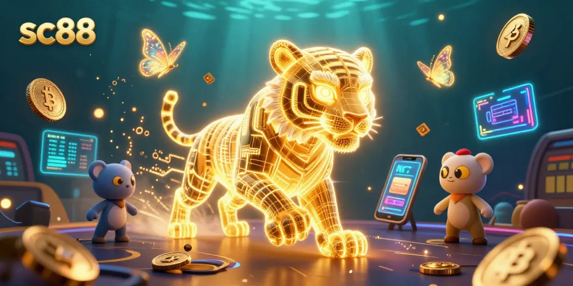Spin and win with sc88 in a vibrant digital casino scene featuring a golden tiger and crypto elements.