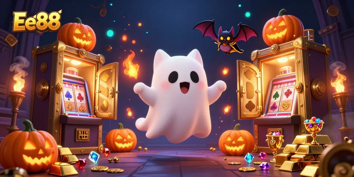 Experience the whimsical Ee88 casino adventure with a friendly ghost cat and vampire bat in a haunted mansion.