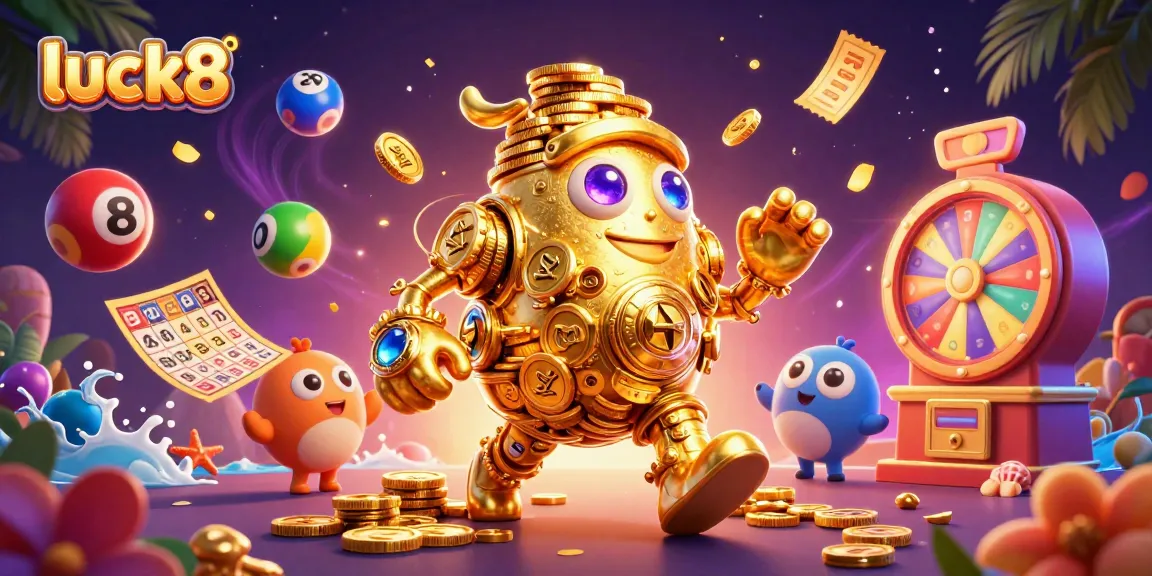 Luck8 spins the excitement with a golden golem amidst vibrant lottery elements and cash