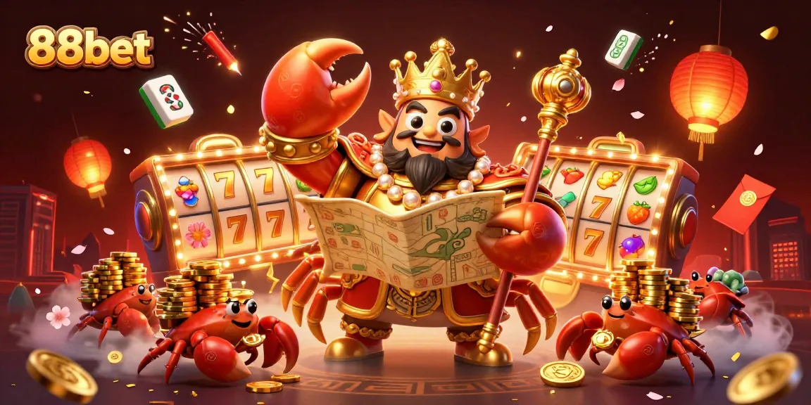 Experience thrilling gameplay with 88bet's amazing casino elements like golden crab emperor, slot reels, and vibrant decorations.