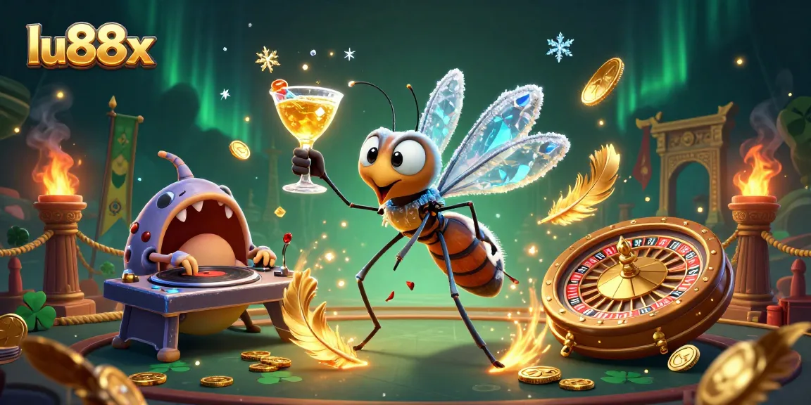 Experience thrilling gameplay with lu88x featuring a dynamic casino scene from the frozen-in-amber mosquito mascot.