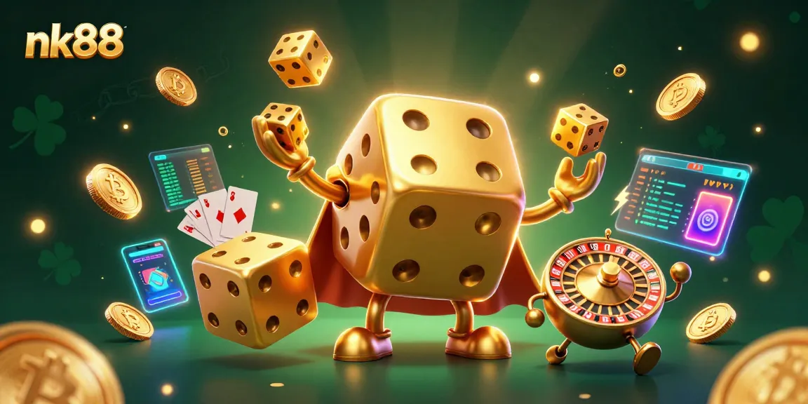 Experience nk88's dynamic gaming scene with a golden dice golem juggling excitement and crypto elements.