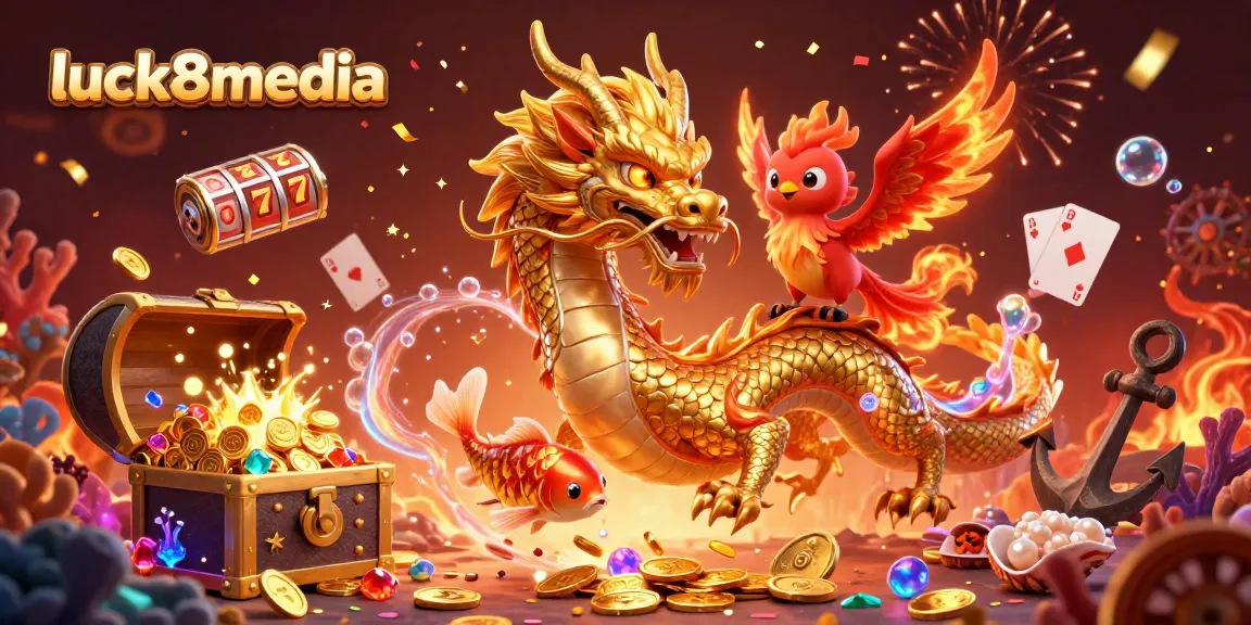 Experience the vibrant world of luck8media with a dynamic scene featuring a fierce golden dragon, a phoenix, and slot elements celebrating wins.