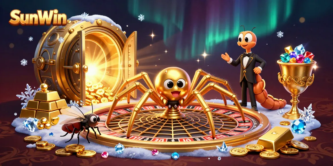 Engage with SunWin's thrilling gaming atmosphere featuring a golden spider and gem-encrusted web.