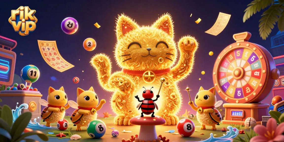 Engage in exhilarating rik vip experiences with a vibrant 3D scene capturing dynamic lottery elements and a lucky cat design.
