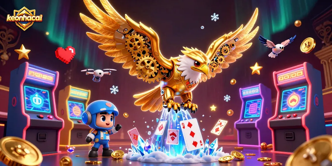 Engage with keonhacai's vibrant casino world through immersive visuals of a golden eagle in action.