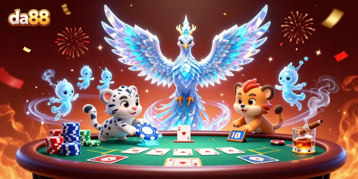 Engage with casino excitement at da88 through a vibrant 3D phoenix and playful cub.