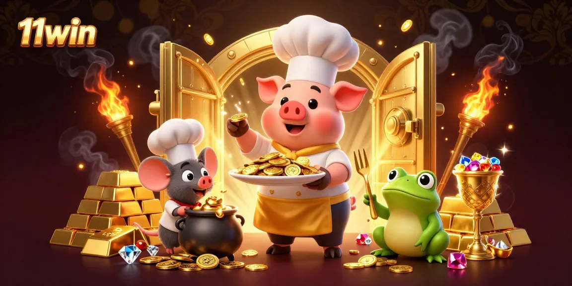 Experience the luxury of 11win casino with characters celebrating wins amidst gold treasures.