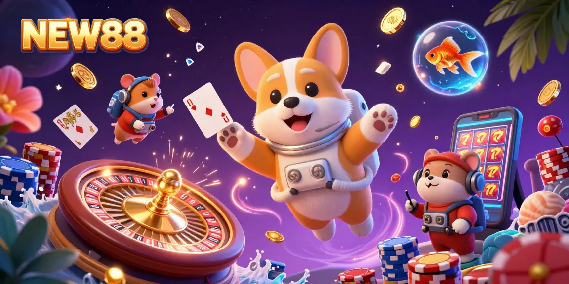 Engage in NEW88's thrilling space casino adventure with an astronaut corgi, mission hamster, and goldfish.