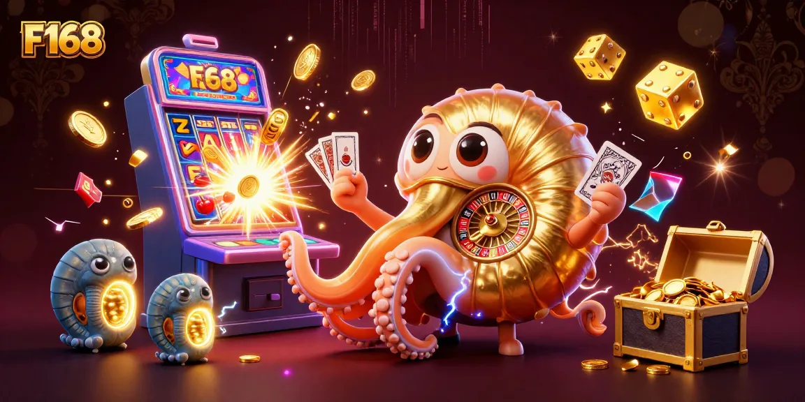 Experience the excitement of F168 with a vibrant jackpot explosion and dynamic casino elements in this 3D illustration.