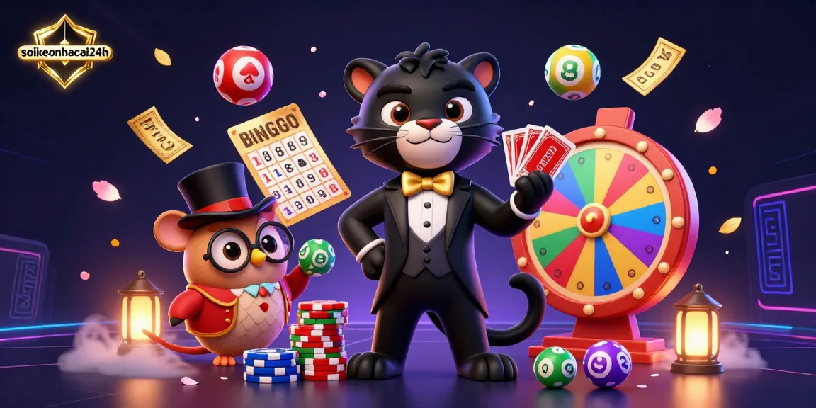 Engaging 3D illustration showcasing soikeonhacai24h, featuring a panther dealer, owl with chips, and lucky mouse amidst a vibrant gambling scene.