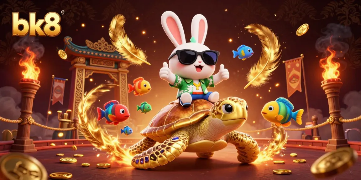 bk8 showcases a lucky rabbit and golden turtle in a vibrant casino atmosphere, surrounded by dynamic gaming elements.
