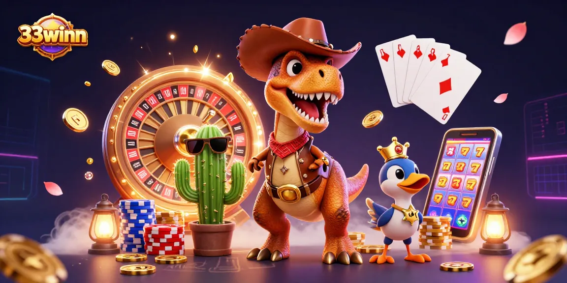 33winn captures the excitement of a casino atmosphere with dazzling coins and vibrant characters.