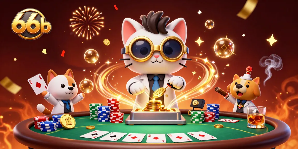 Engage in thrilling poker action at 66b with a vibrant scene featuring casino elements and a mad scientist cat.