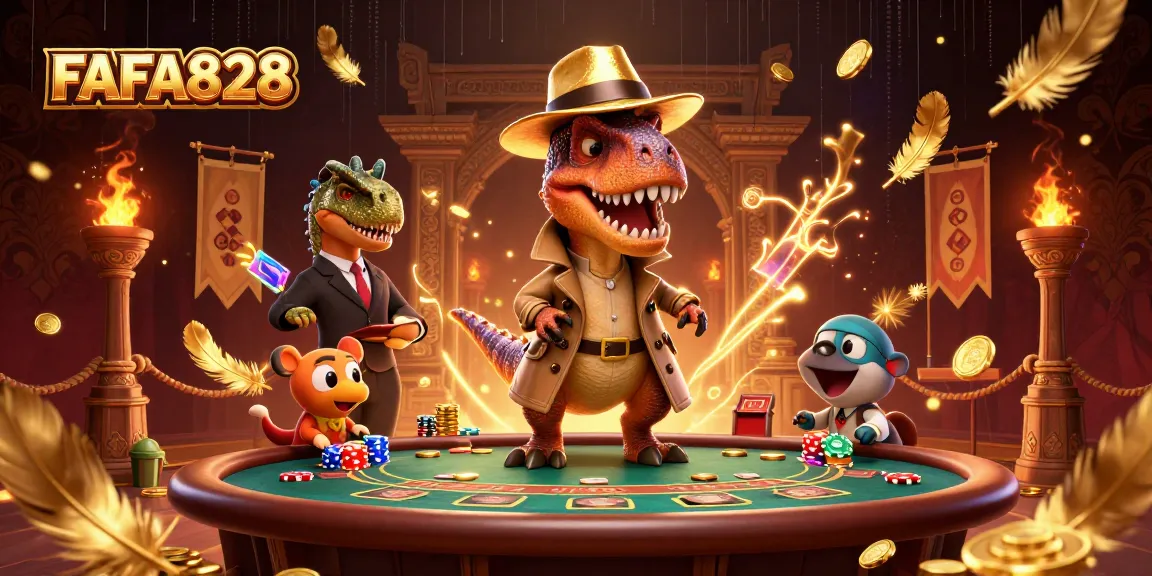 FAFA828 offers thrilling blackjack excitement with playful dinosaur characters amidst golden coins.