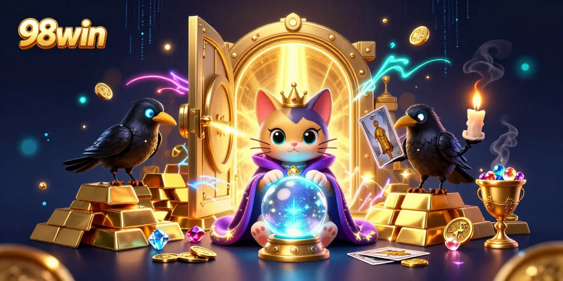 Bet on your luck with 98win featuring fortune teller cat and dazzling treasures, creating a magical casino atmosphere.