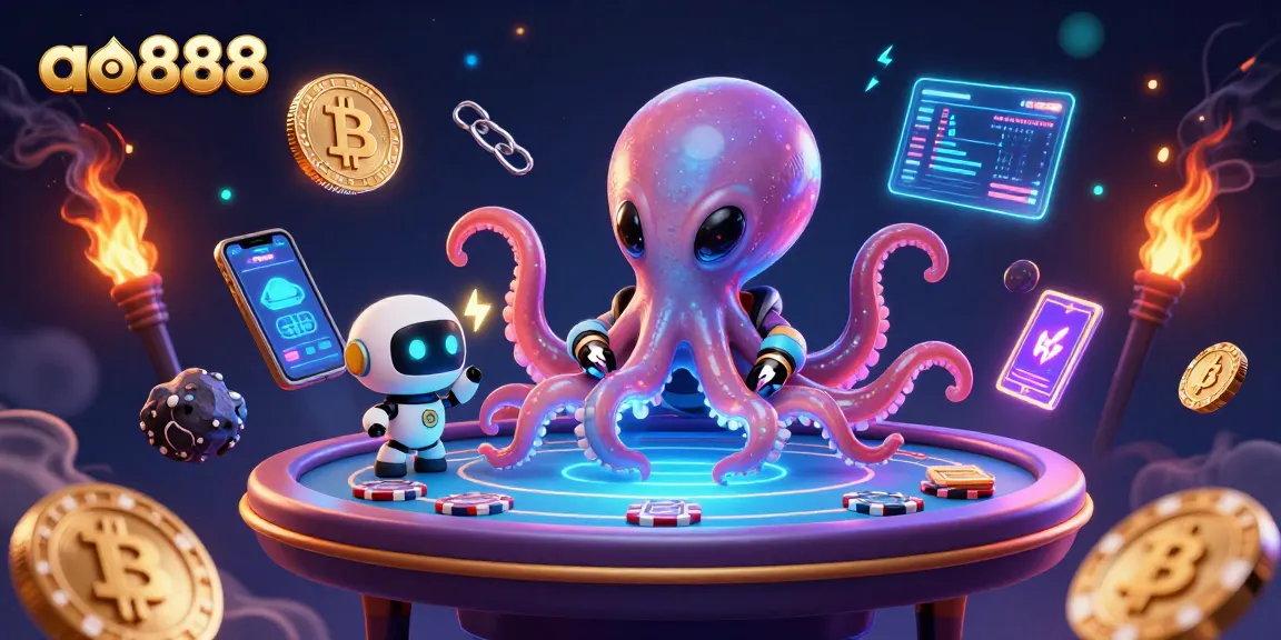 Engage with ao888's thrilling futuristic poker scene featuring an alien octopus and crypto elements.