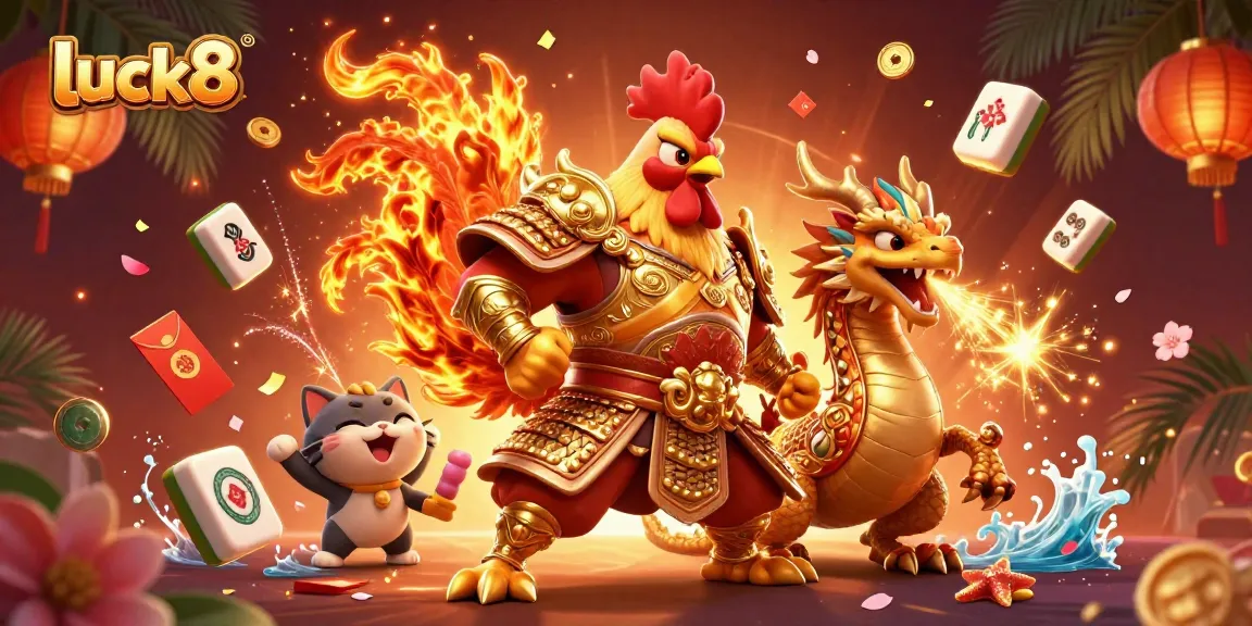 Experience luck8 with a powerful rooster warrior and dragon in a vibrant casino scene.