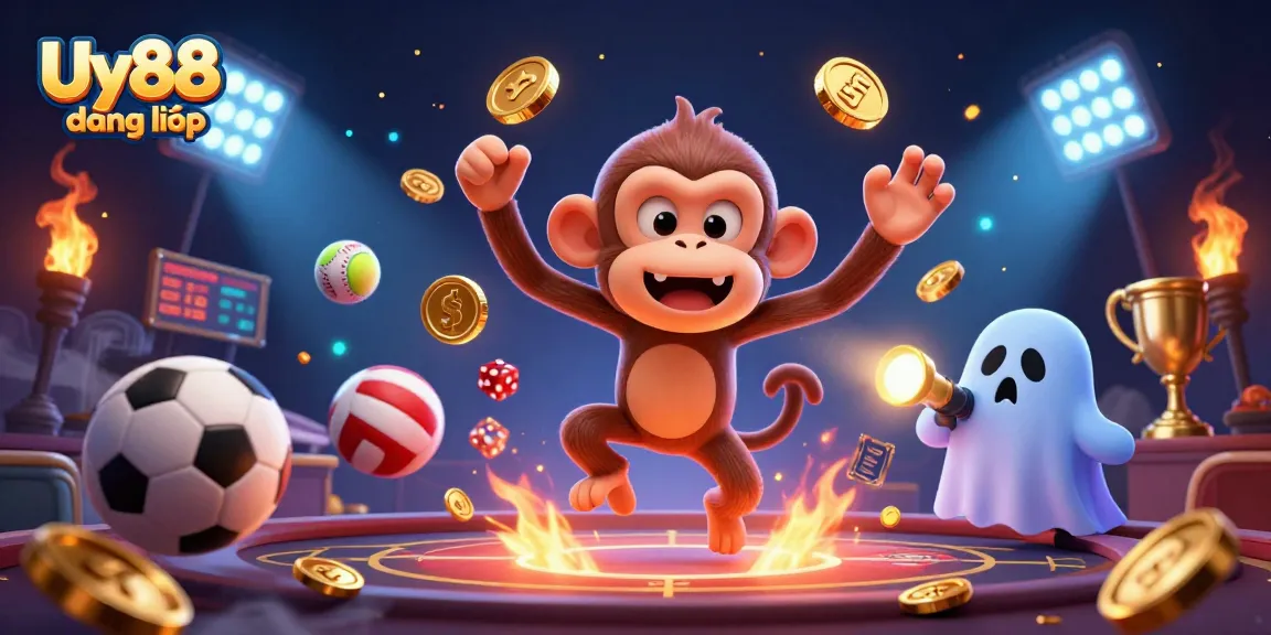 Track golden winnings with Uy88 đăng nhập as a playful poltergeist monkey juggles in a thrilling casino scene.