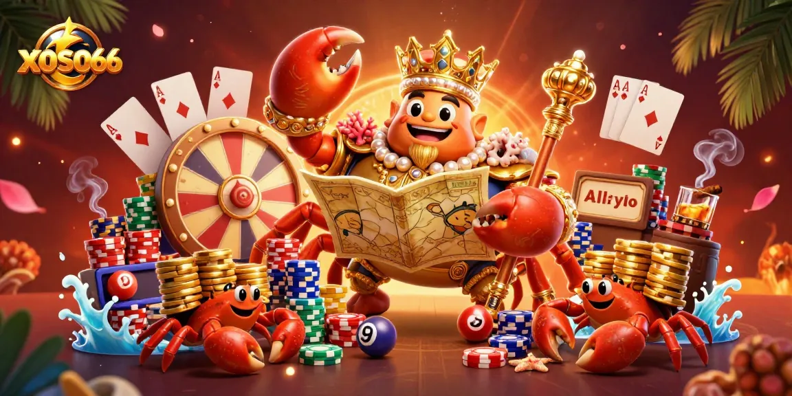 Xoso66's colorful lottery scene illustrates a golden crab emperor and hermit crabs amidst overflowing chips, emphasizing exciting gameplay.