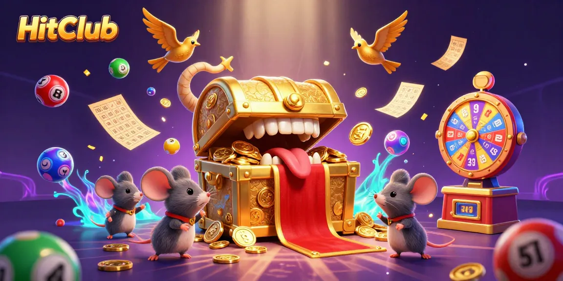 HitClub offers thrilling lottery experiences with dynamic elements like bouncing balls and golden tickets in an enticing scene.