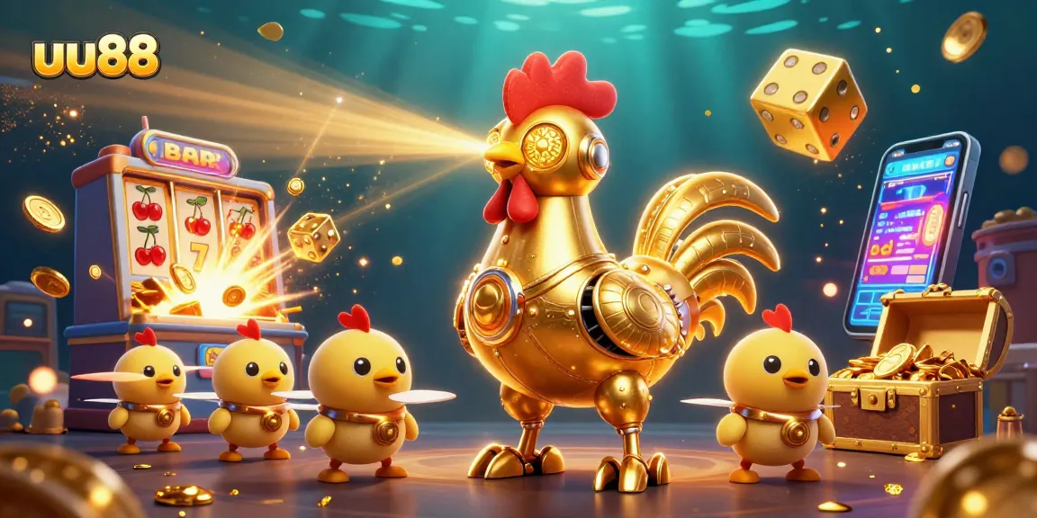 Experience a thrilling uu88 slot action with a golden rooster robot and dynamic casino elements.