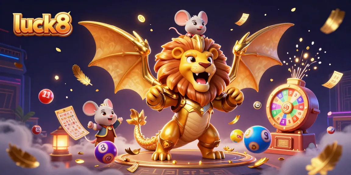 Engage with luck8's thrilling lottery experience featuring vibrant elements and a heroic chimera.
