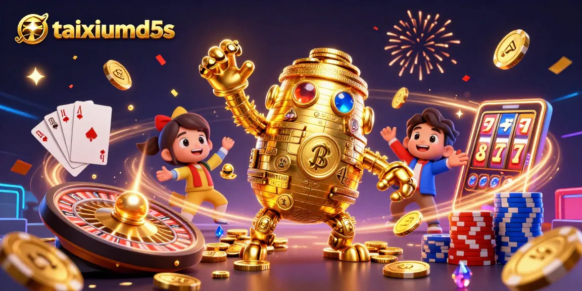 Experience taixiumd5s with this thrilling illustration of a golden golem surrounded by shimmering casino elements