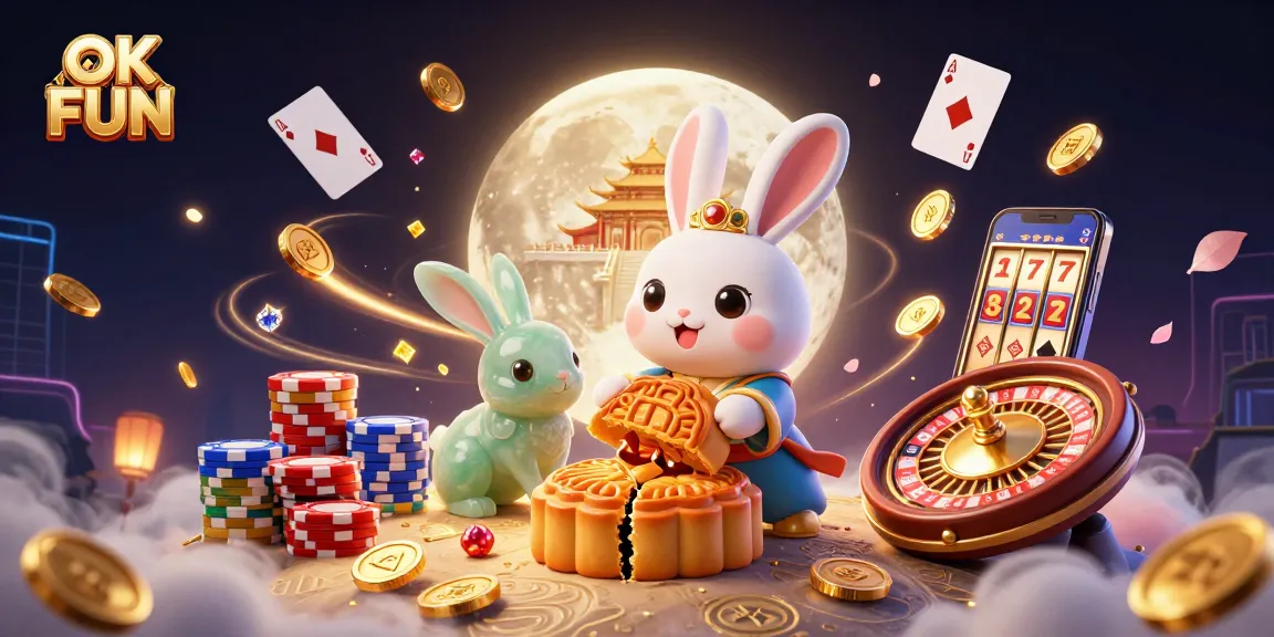 Engage in thrilling casino action with OK FUN featuring a magical moon rabbit, shimmering poker chips, and lively gaming elements.