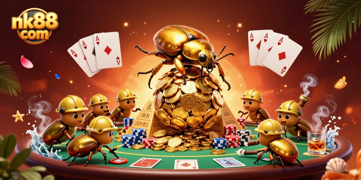 Engage in thrilling online gaming excitement with nk88 com, featuring a golden beetle amidst a vibrant casino backdrop.