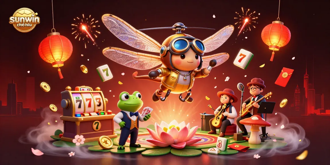 Experience excitement with sunwin chính thức in this vibrant casino scene of a dragonfly pilot and frog dealer.